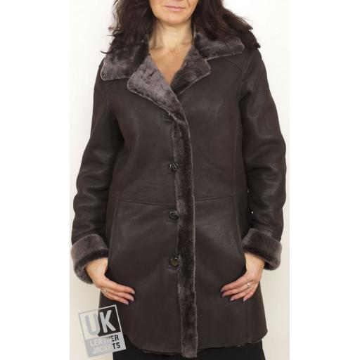 FINEST Women's Shearling Lambskin Coat in Brown - Aria - Front