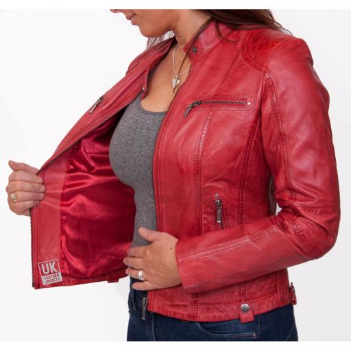Womens Leather Biker Jacket - Jasmine - Red - Lining