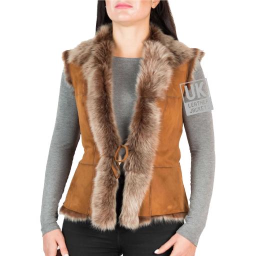 Womens Tan Toscana Gilet – Single Tie Front - Front