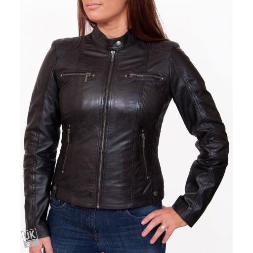 Womens Black Leather Biker Jacket - Jasmine - Zipped-Up