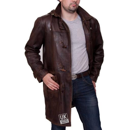 Men's Brown Leather Duffle Coat - Detach Hood - Avon -Open