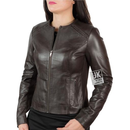 Womens Collarless Brown Leather Jacket – stretch side and sleeve panels - Front