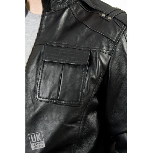 Men's Vintage Leather Bomber Jacket in Black - Mirage - Deatil