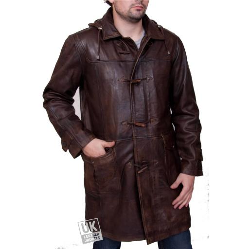 Men's Brown Leather Duffle Coat - Detach Hood - Avon - Front