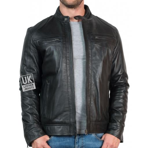 Mens Black Leather Jacket - Ellin - Unzipped