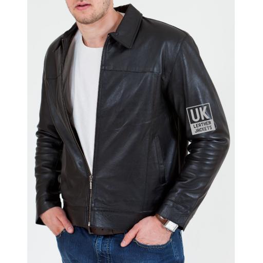 Men's Black Harrington Leather Jacket - Front