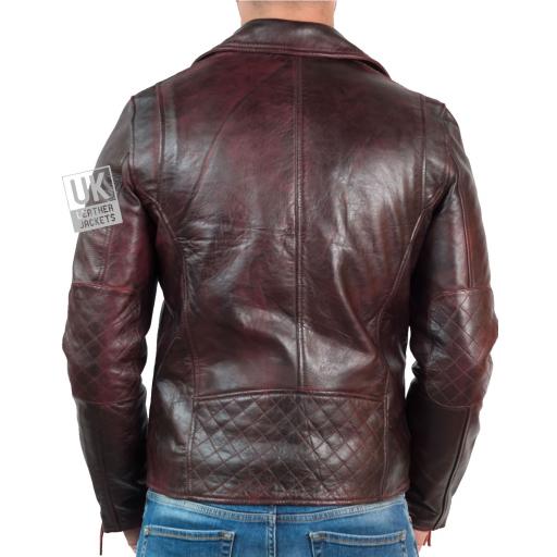 Mens Cross Zip Leather Biker Jacket - Vintage Malbec - Back