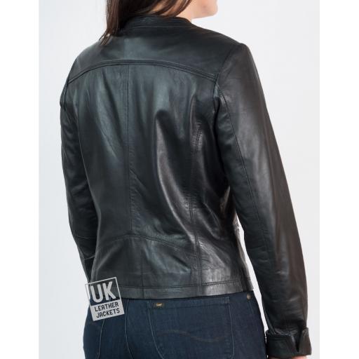 Womens Collarless Black Leather Jacket - Kilder - Back
