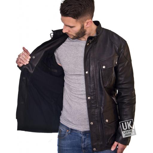Mens Hip Length Leather Jacket - Longhurst - Black - Lining