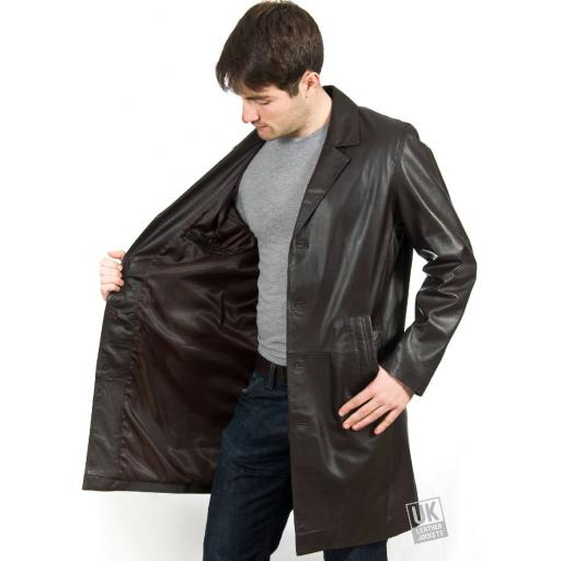 Men's 3/4 Length Brown Leather Coat - Plus Size - Henley  - Lining