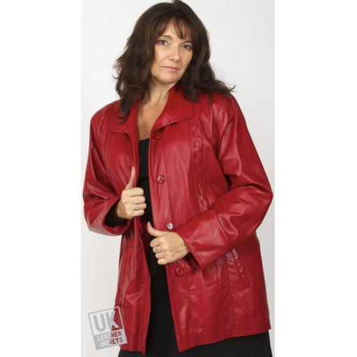 Ladies Red Leather Coat Jacket - Aurora - Front 2