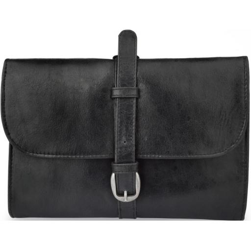 Black Leather Wash Bag - Sepik - Front Detailing