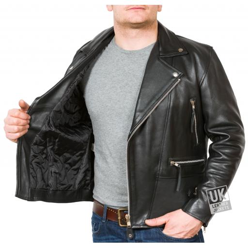 Men's Cross Zip Biker Jacket - Superior Black Cow Hide - Ramones - Lining