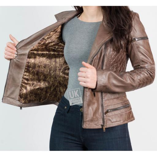 Women's Vintage Brown Leather Biker Jacket - Bonnaire - Lining