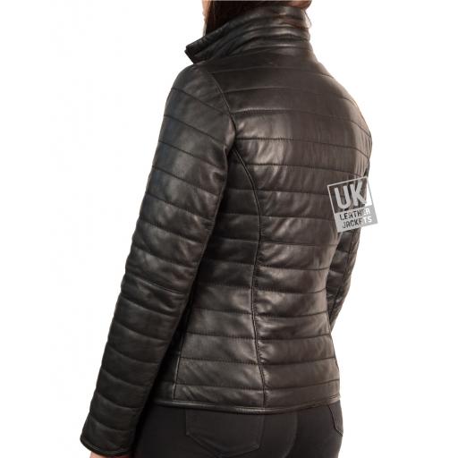 Women's Black Leather Puffa Jacket - Back