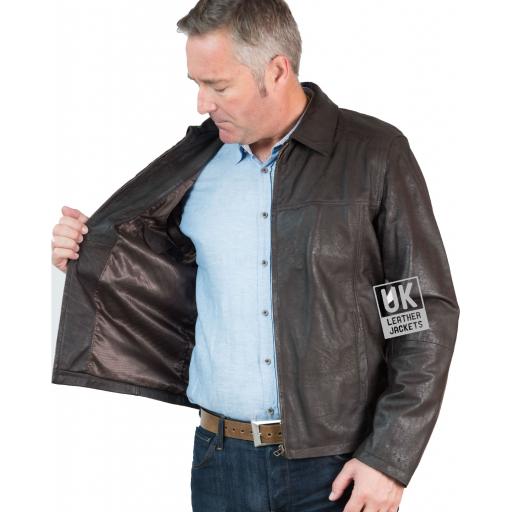 Mens Classic Zip Leather Jacket - Vintage Brown - Lining