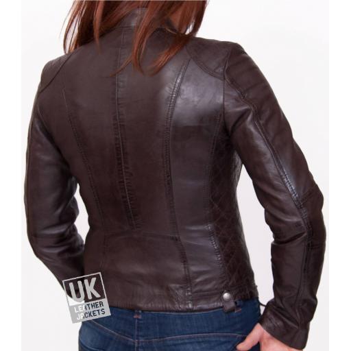 Womens Leather Biker Jacket - Jasmine - Brown - Back
