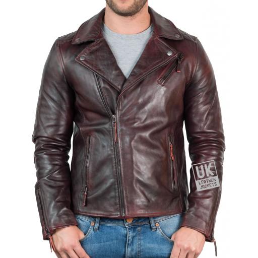 Mens Cross Zip Leather Biker Jacket - Vintage Malbec - Front Zipped