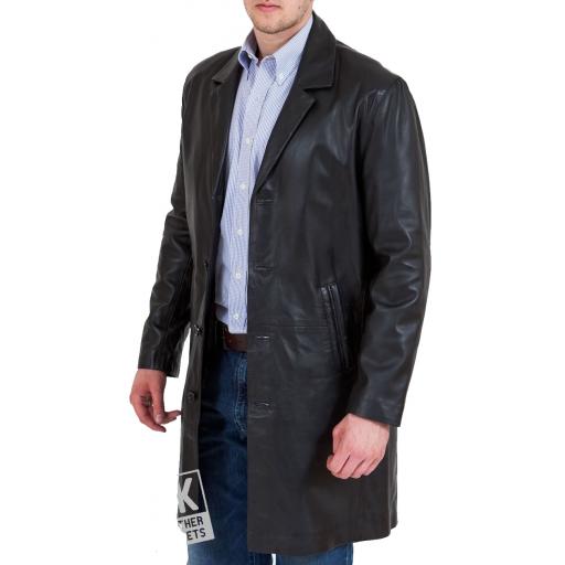 Men's 3/4 Length Black Leather Coat - Plus Size - Henley - Main