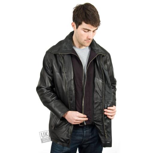 Men's Leather Coat in Black - Plus Size - Hastings - Fleece Collar Insert