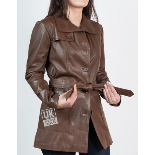 Womens 3/4 Length Brown Leather Coat Jacket - Sophie