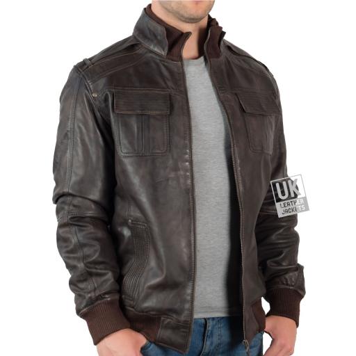 Men's Vintage Leather Bomber Jacket in Brown - Mirage - Front Side
