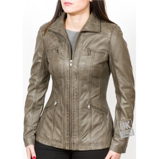 Womens Olive Leather Jacket - Muse - Hip Length - Size 8, 10, 12, 18, 20
