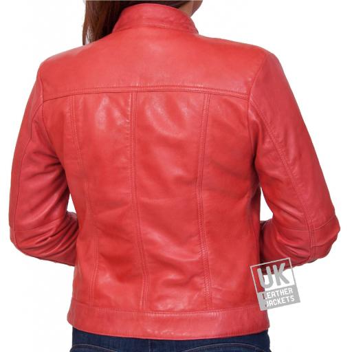 Ladies Red Leather Biker Jacket - Lima - Back
