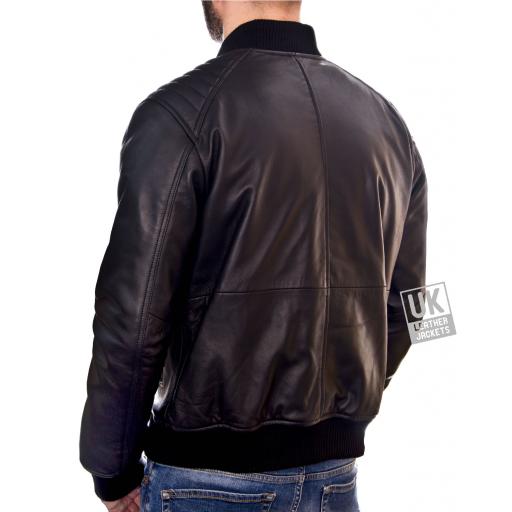 Men's Black Leather Bomber Jacket - Ventega - Back