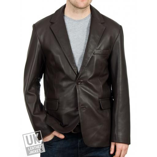 Men's Brown 2 Button Leather Blazer - Double Vent - Plus Size - Front