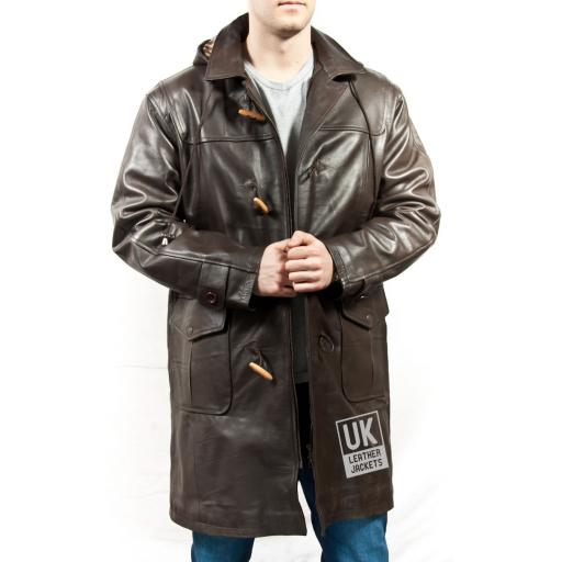 Men's Brown Leather Duffle Coat - Detach Hood - Plus Size - Monty