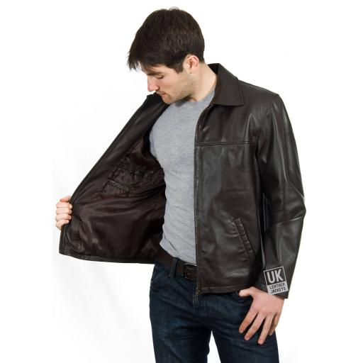 Men's Brown Leather Jacket - Plus Size - Harrington - Lining