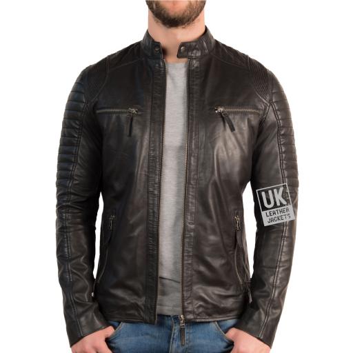 Mens Black Leather Biker Jacket - Cruz - Unzipped