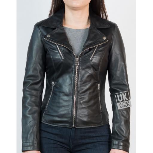 Womens Black Leather Jacket - Mystique - Front 1