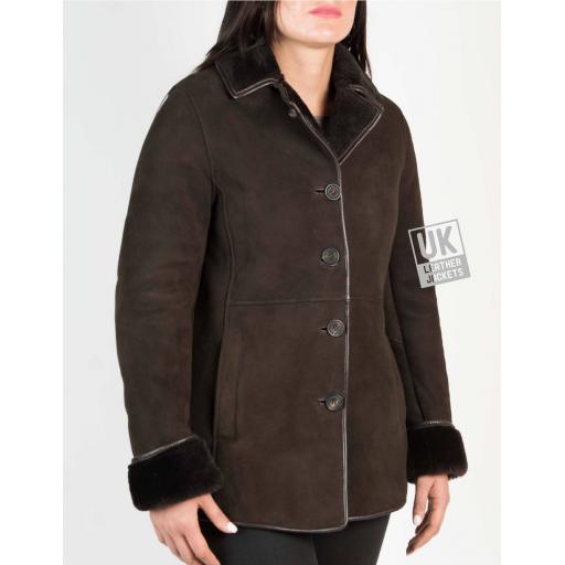 Womens Brown Shearling Sheepskin Jacket - Hip Length - Dana - Revered Collar