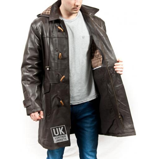 Men's Hooded Vintage Brown Leather Duffle Coat - Plus Size - Monty - Lining