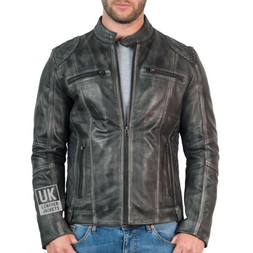 Mens Vintage Grey Leather Biker Jacket - Phoenix - Front