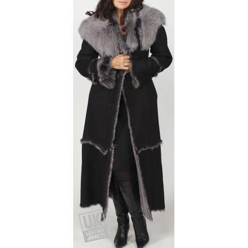 Finest Full Length Hooded Toscana Lambskin Coat in Black - Luna - Front 2