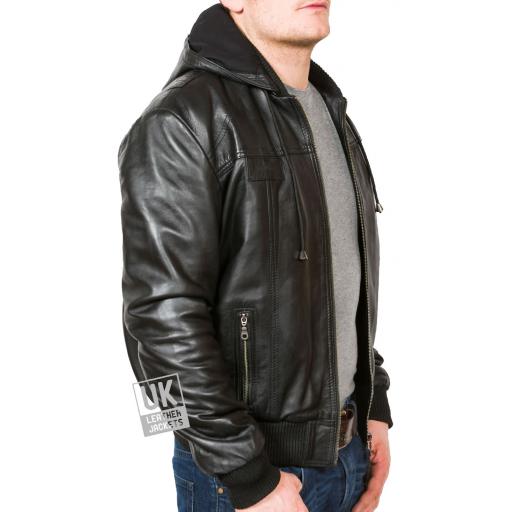 Men's Black Hooded Leather Bomber Jacket - Troy - Side