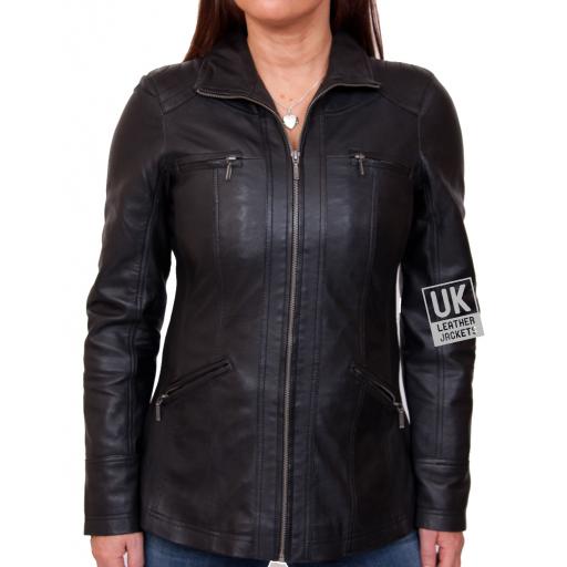 Womens  Black Leather Jacket - Muse - Hip Length - Size 18/20/22/24