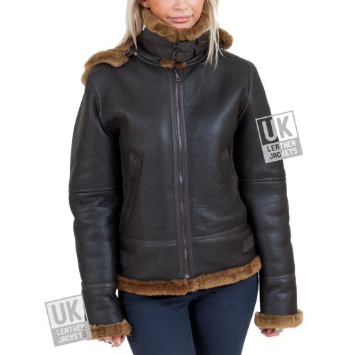 Women's Sheepskin Flying Jacket - Detach Hood - Brown - Front Zipped To Collar