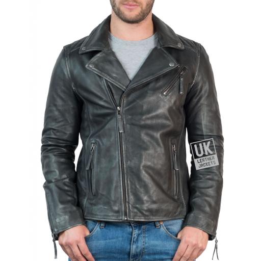 Mens Cross Zip Leather Biker Jacket - Vintage Grey - Front Zipped