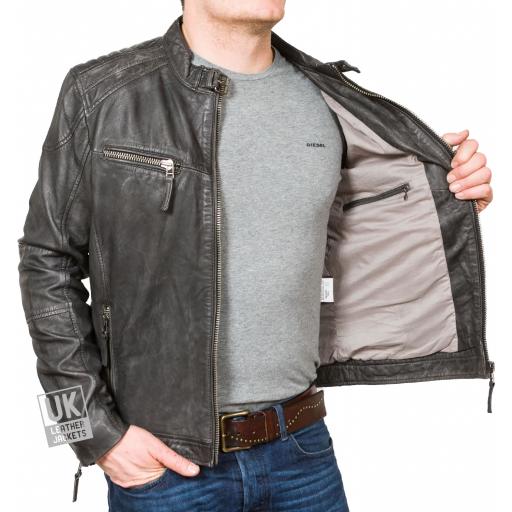 Mens Charcoal Black Leather Biker Jacket - Rhett  - Lining 1