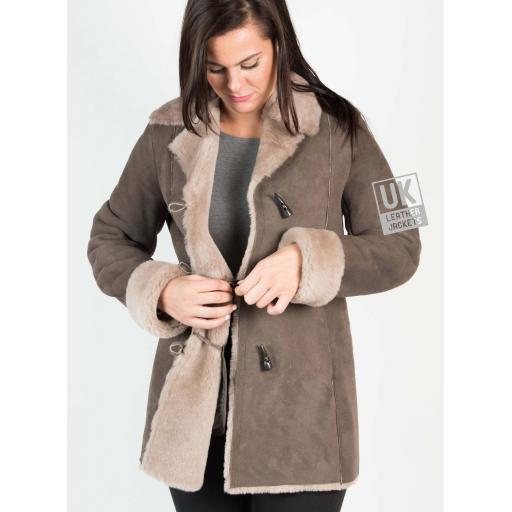 Womens Grey Shearling Sheepskin Jacket - 3/4 Length - Verity - Half Interior