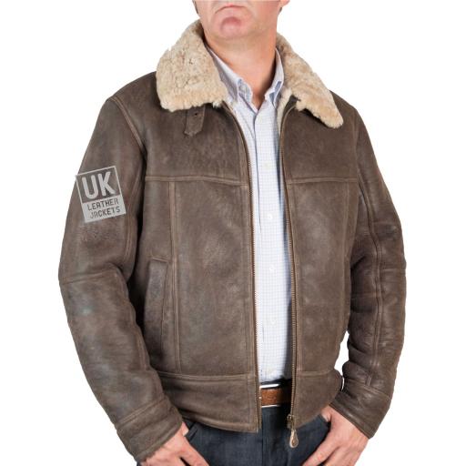 Mens Shearling Sheepskin Flying Jacket - Calgary - Antique Matt Brown - Front