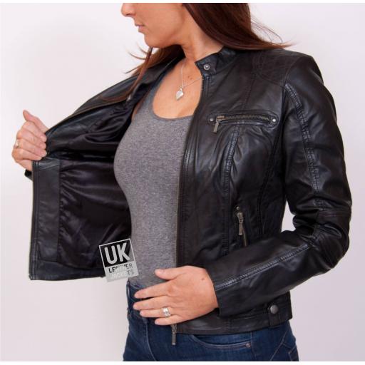 Womens Black Leather Biker Jacket - Jasmine - Lining