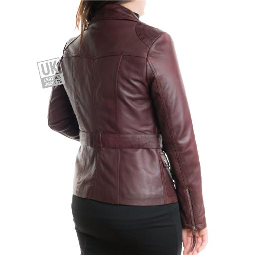 Womens Cross Zip Burgundy Leather Jacket - Zoe - Back