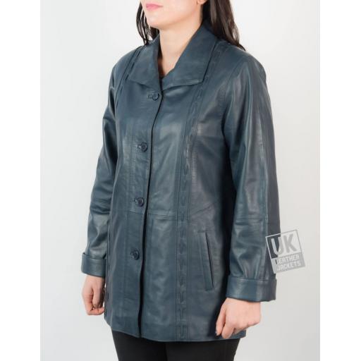 Ladies 3/4 Length Blue Leather Coat Jacket - Faith - Main