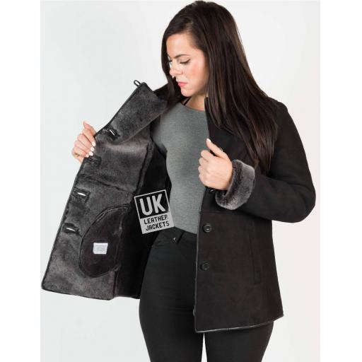 Womens Black Shearling Sheepskin Jacket - Hip Length - Dana - Wool Interior