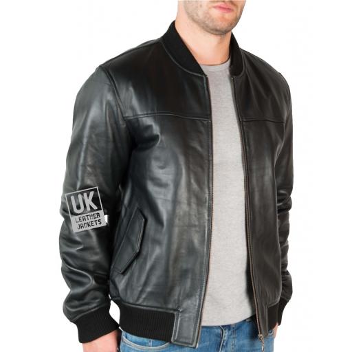 Men's Black Leather Bomber Jacket - Morton - Side